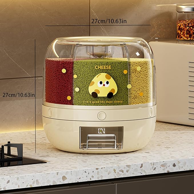 Rice Dispenser | 360° Rotating Grain Storage Bin - 6 Grids, 20LBS Large Capacity Food Container, Moisture-Proof, One-Click Output for Rice, Beans & Pet Food (Decorative Print)