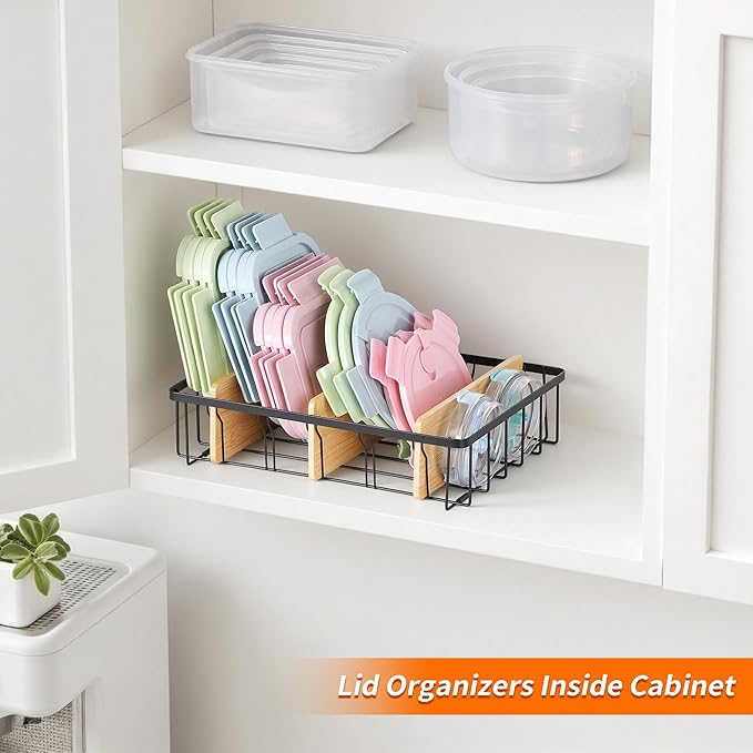 3-Pack Adjustable Lid Organizers - Large Kitchen Cabinet Organizer for Food Storage Container and Tumbler Cup Lids with 9 Bamboo Dividers - Organizers in Cabinet Kitchen/Pantry/Laundry Room