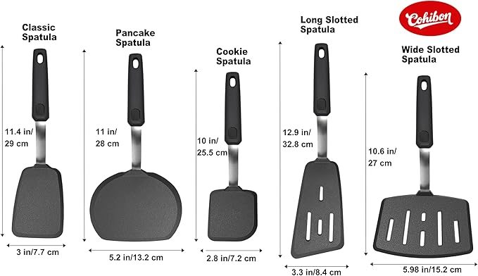 Silicone Spatula Set for Nonstick Cookware, Mixed 5 Piece 600°F Heat-Resistant Kitchen Cooking Utensils Set for Egg,Pancake,Burger - Entire Stainless Steel Core with Silicone, Dishwasher Safe,Black