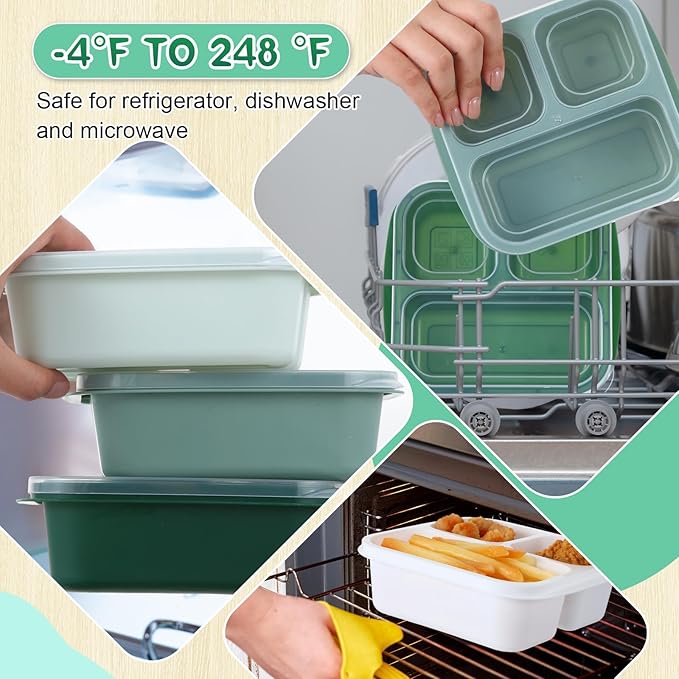 Honeydak 5 Pack Snack Containers 3 Compartment Bento Snack Boxes Divided Meal Prep Containers with Lids Reusable Adults Lunch Food Storage Box for School Work Travel(Sage Green)