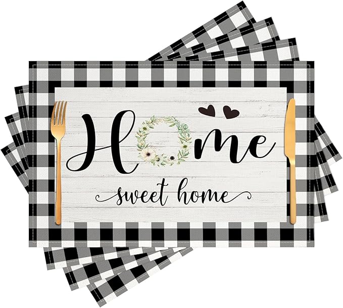 Buffalo Plaid Placemats Set of 4 Black White Place Mats Farmhouse Sweet Home Kitchen Table Mats - Linen Fabric Heat Resistant Machine Washable Placemats for Dining Coffee Table 12x18Inch