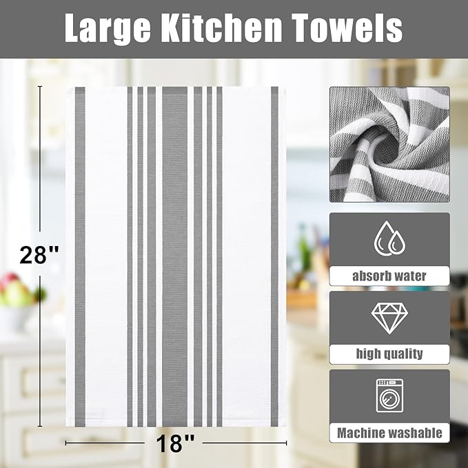 Homaxy Premium Kitchen Towels 18”x 28”, Large Cotton 380 GSM Kitchen Hand Towels, Stripe and Terry Dish Towel, Highly Absorbent Tea Towel Set with Hanging Loop, 8 Pack, Grey