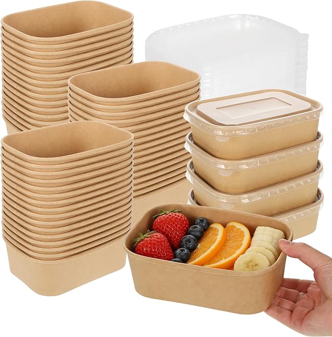 50 Pack 22oz Disposable Kraft Paper Bowls with Lids, Rectangle Meal Prep Containers Bulk, Large Paper Salad Bowl, Leakproof Food Containers Treat Soup Serving Bowls, Microwave Safe for Hot/Cold Food
