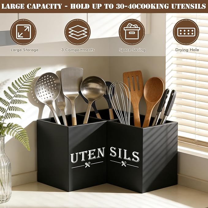 Large kitchen Utensil Holder, Wooden Utensil Organizer for Kitchen Countertop, Spatula and Spoon Cooking Holder with 3 Compartments, Black