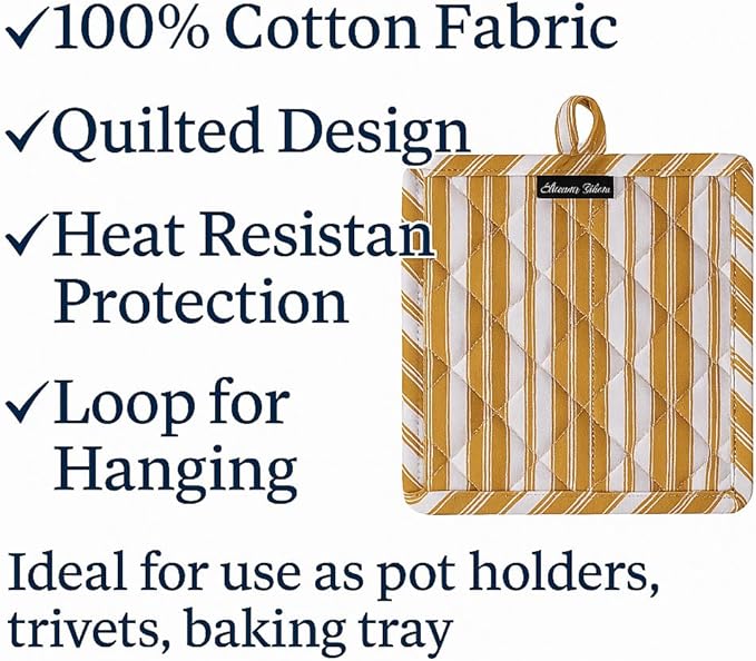 AMOUR INFINI Double Stripe Pot Holders Heat Resistant Cotton Set of 3 Nonslip 8"x8" Inch Hot Pads for Kitchen, BBQ, Baking & Cooking with Hanging Loops (Yellow)
