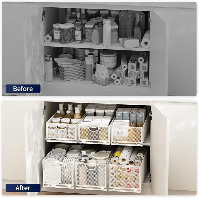 2 Pack Pull Out Cabinet Organizer, No Drill Adhesive Sliding Drawers for Kitchen, Metal Mesh Wire Storage Shelf for Pantry & Under Sink, White (9.6" W x 11.8" D x 8.4" H)
