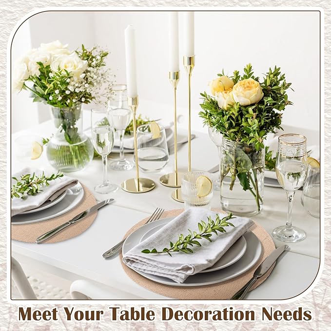 Burlap Placemats Set of 36 Round Non Slip Heat Resistant Table Mats Woven Jute Cloth Place Mats 12 Inch Boho Washable Linen Placemat for Thanksgiving Fall Kitchen Dining Farmhouse Party Table Decor