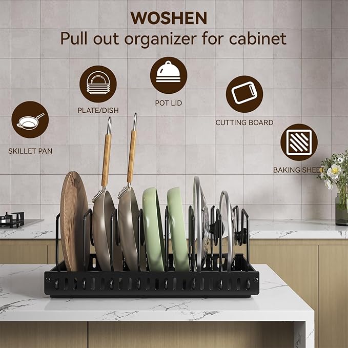 Pots and Pans Organizer Under Cabinet, Pull Out Pots and Pans Organizer, Under Cabinet Pot Lid Holder, Sliding type Pots and Pans Storage for Pot Lid, Bakeware, Dishes, 10 Adjustable Dividers