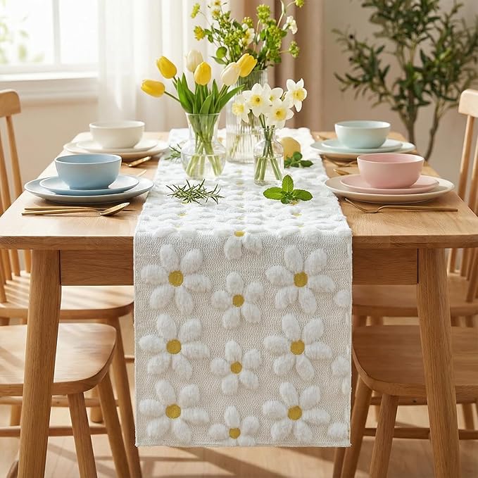 Artoid Mode White Soft Plush Faux Fur Jacquard Embroidery Daisy Spring Table Runner, Kitchen Dining Table Decoration for Home Party Decor 13x120 Inch