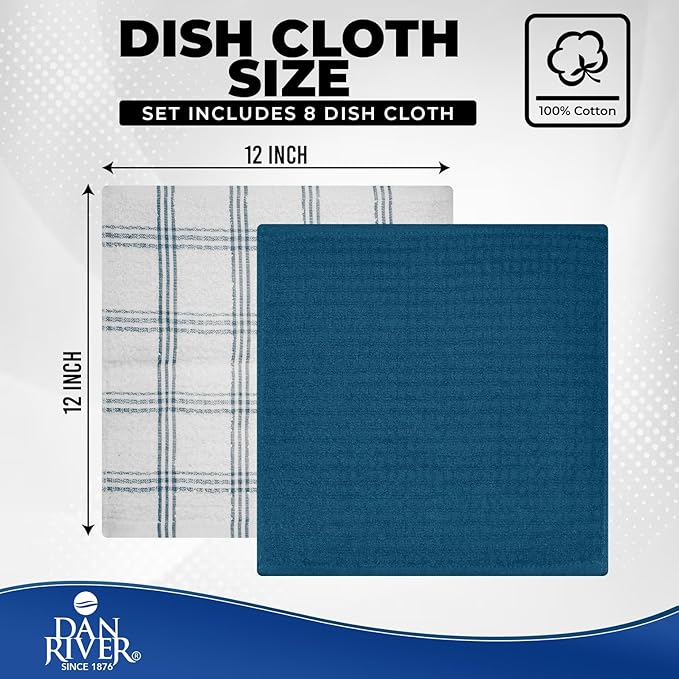 DAN RIVER Premium Dish Cloth 100% Cotton 12 X 12 Inches |Pack of 8|-Ultra Soft Tea Towels-Highly Absorbent Kitchen Rags-Terry Dishcloth for Kitchen and Household Cleaning |Blue Opal|