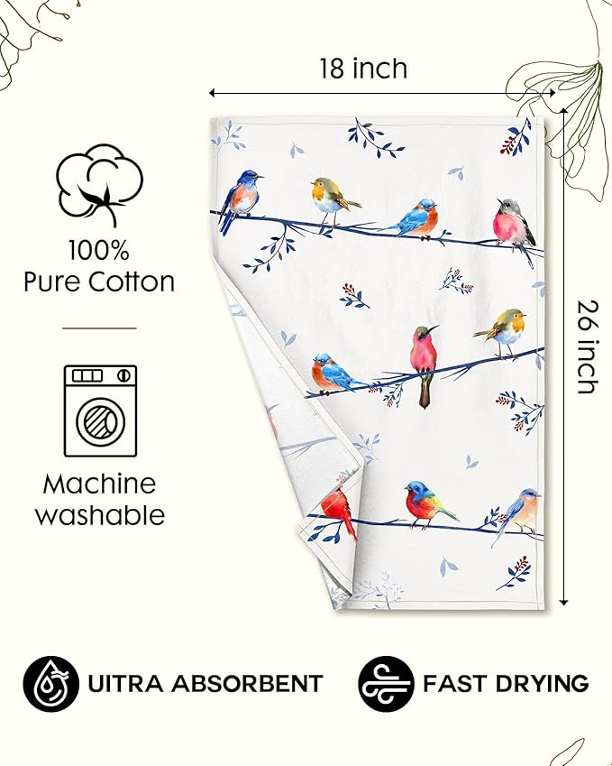 Miss Adola Flour Sack Kitchen Towels Set of 2-18x26 Cotton Dish Towels with Hanging Loop Reusable Tea Towel for Cleaning Spring Absorbent Dishcloths Cute Home Decor Housewarming, Watercolor Bird