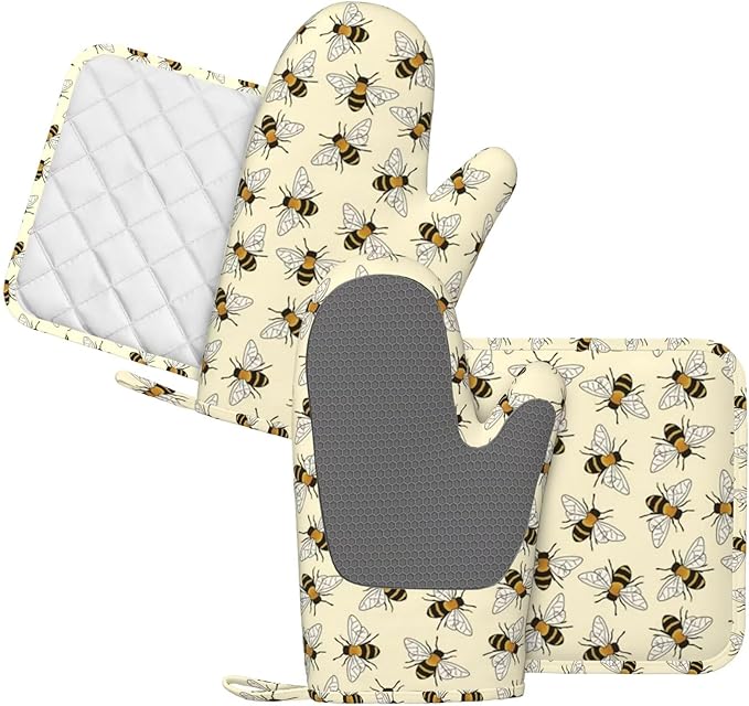 Happy Busy Bees Oven Mitts and Pot Holders Sets Silicone Bees Kitchen Mitts Bee Potholders Heat Resistant 4Pcs Oven Gloves Hot Pads for Kitchen Baking Cooking BBQ Grilling