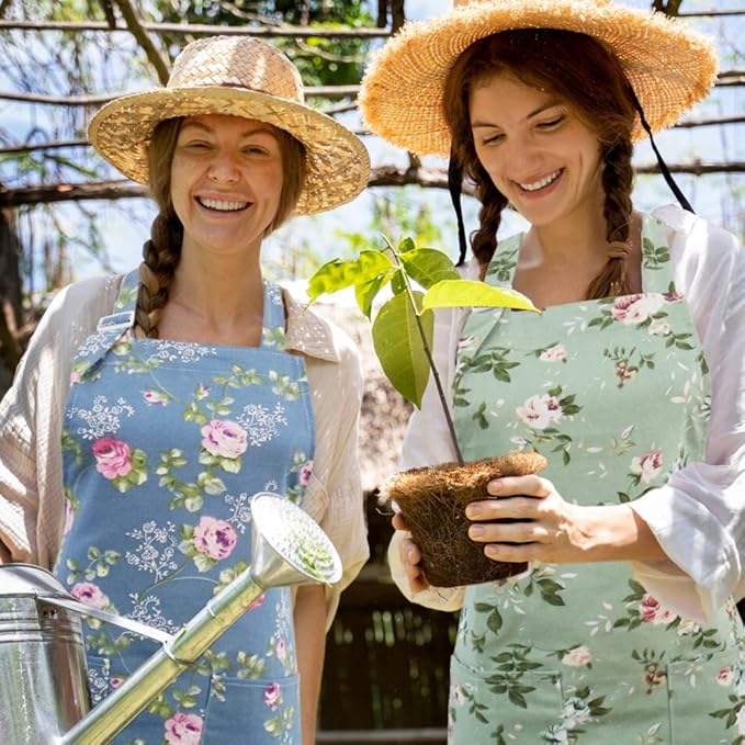Kitchen Aprons for Women, 2 Pack Floral Aprons with 2 Pockets, Vintage Chef Bakers Apron for Cooking Baking Gardening, Birthday Mothers Day Apron Gifts for Mom Wife Sister Daughter Grandma