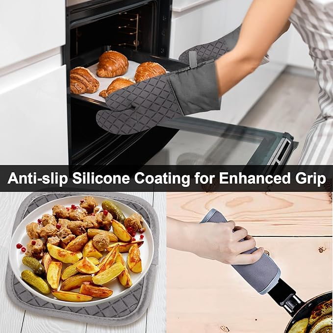 Oven Mitts and Pot Holders 8pcs Set, Cotton Oven Glove with Non-Slip Silicone Surface, Machine Washable Pot Holders, Extra Long Oven mits, Heat Resistant 500 °F, for Cooking, Grilling, Baking