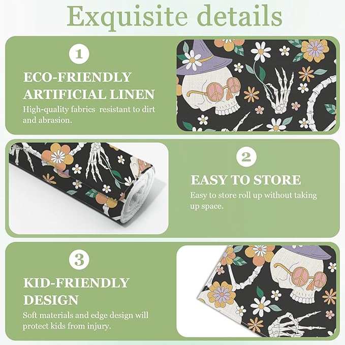 Hippie Peace Skeleton Floral Placemats Set of 6, Washable Heat Resistant Table Mat Linen Place Mats for Party Kitchen Dining Home Decor 12x18 Inch