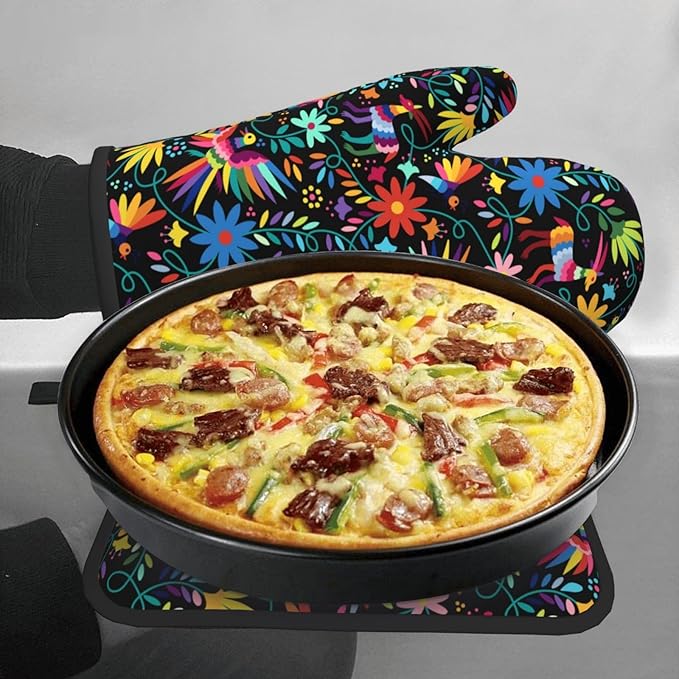 Mexican Folk Art Inspired Oven Mitts & Pot Holders Sets of 3, Polyester Heat Resistant Multicolor Kitchen Gloves and Hot Pads for Cooking Baking Grilling, Gift for Ethnic & Art Enthusiasts, Home Decor