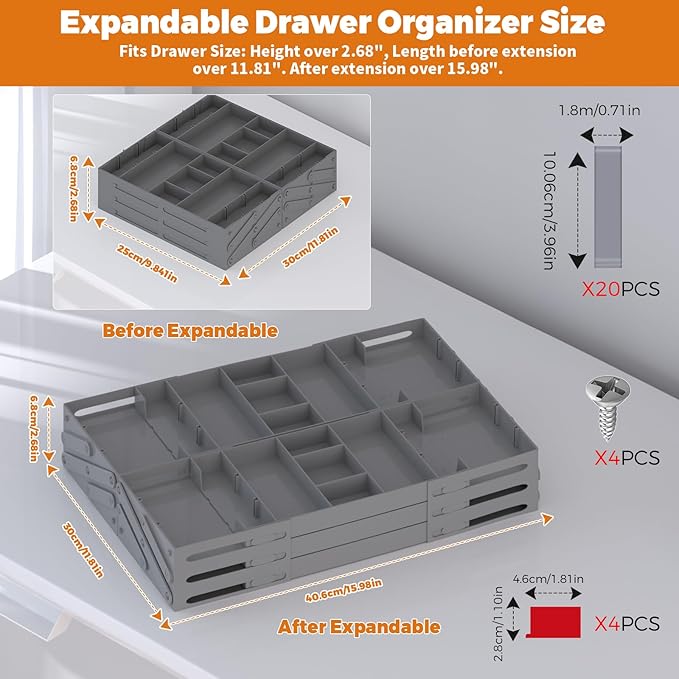 3 Tier Drawer Organizer - Expandable Junk Drawer Organizer Smart Office Supply Organizer, Folding Kitchen Drawer Storage Multi Level Desk Organizer for Makeup, Jewelry, Cosmetics Storage(2 Row 3 Tier)