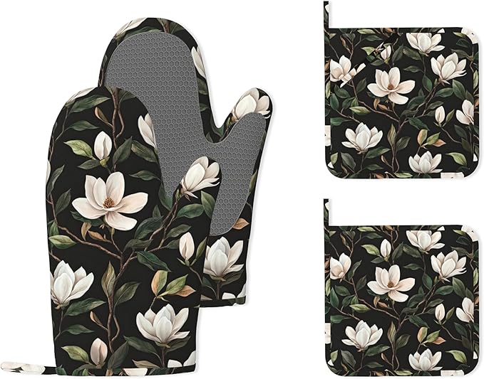 White Magnolia Oven Mitts and Pot Holders (4PCS),Heat Resistant Non-Slip Silicone Kitchen Gloves for Cooking, Baking, BBQ Waterproof Kitchen Accessories