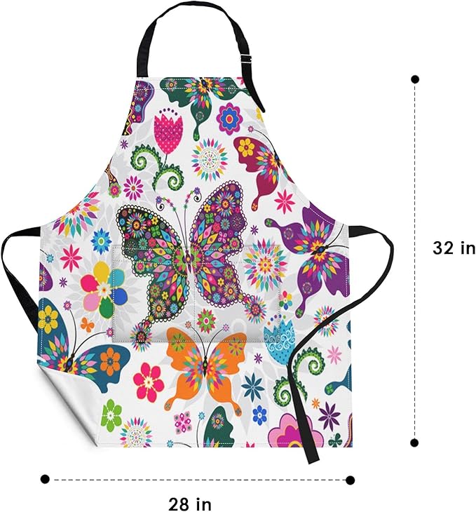 Britimes Butterfly Apron Floral Colorful Butterflies Flowers Aprons Kitchen Cooking Gardening for Women With Pockets