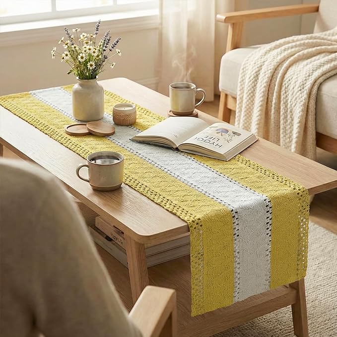 Artoid Mode Yellow Farmhouse Rustic Table Runner, Seasonal Hollow Kitchen Dining Table Decoration for Home Party Decor 12x72 Inch