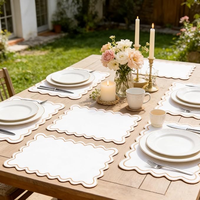 Set of 6 Cotton Linen Placemats, 13''x 19'' Wavy Embroidery Scalloped Placemats Washable Rustic Dinner Waterproof Table Mats (Khaki)