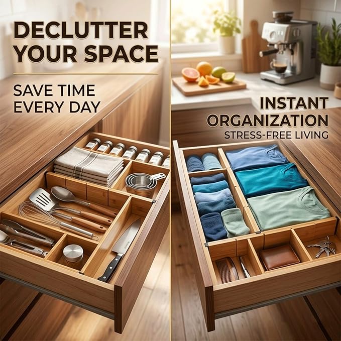 6 Pack Bamboo Drawer Dividers, Adjustable 17–22 Inch Expandable Drawer Organizer for Kitchen, Dresser & Closet, Bamboo Kitchen Drawer Organizer, Drawer Divider Set with 12 Inserts