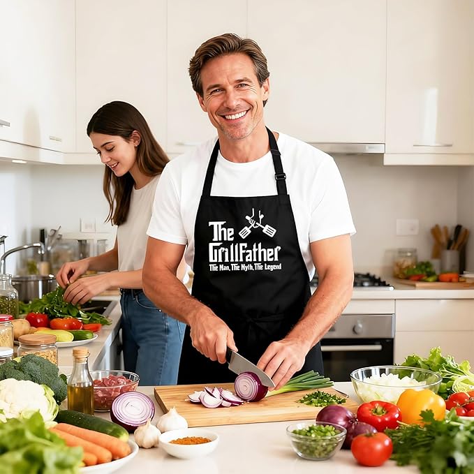 Kaidouma Funny Grill Aprons for Men - The Grillfather - Men’s Funny Chef Cooking Grilling BBQ Apron with 2 Pockets - Birthday Father's Day Christmas Gifts for Dad, Step Dad, Father in Law, Husband