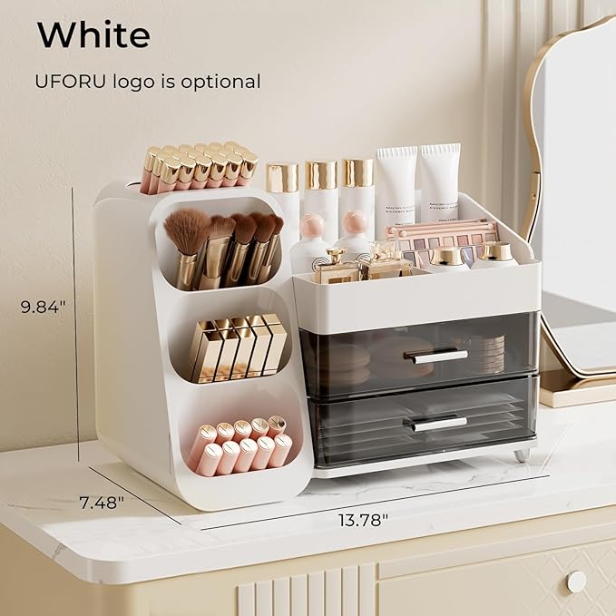 Makeup Organizer for Vanity with Brush Holder, Large Plastic Bathroom Countertop Skincare Organizer with 2 Drawers, Spacious Cosmetic Display Case for Perfumes, Eyeshadow Palettes, Nail Polishes