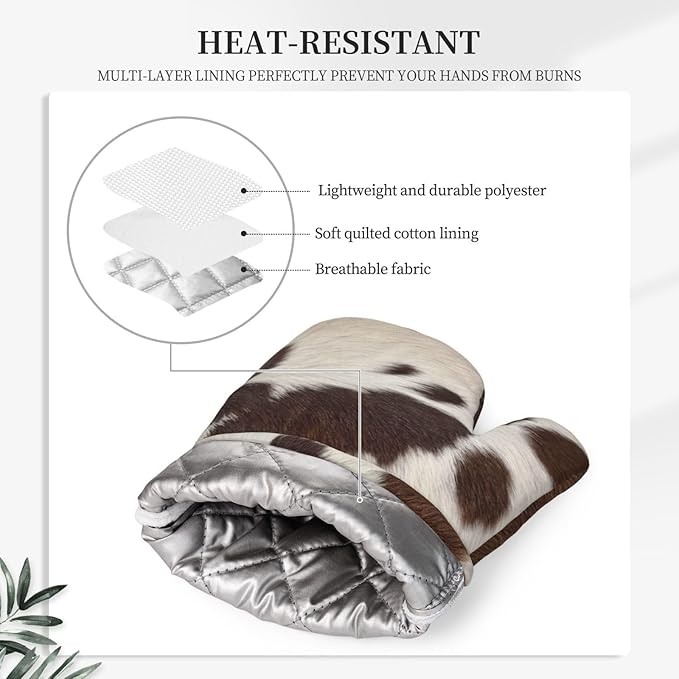 Cow Print Oven Mitts Pot Holders Cooking Apron Set of 5 Silicone Brown Cowhide Western Farmhouse Kitchen Glove Cow Print Apron Non-Slip Heat Resistant for Chef Baking Cooking Grilling BBQ