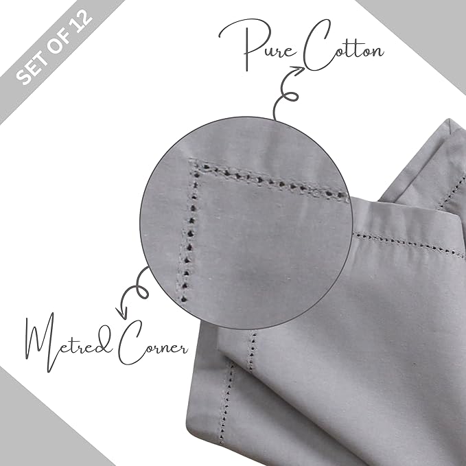 Lightnpro Decorative Cloth Dinner Napkins with Hemstitched, Wedding, Cocktail & Party Napkins, Mitered Corners, Machine Washable, 12 Elegant Table Napkins for Special Occasions - 18x18 Inch Ash Grey