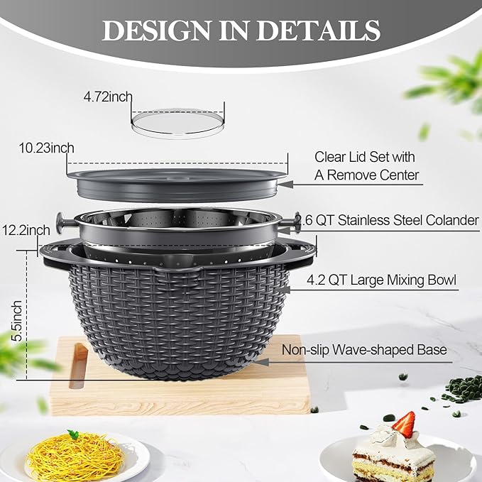 4-1 Colander with Lid Set - Rotatable Strainer With Bowl(Patented), Pasta Strainer with New Upgraded Graters, Strainer And Colanders, Fruit Cleaner, Veggie Wash, Apartment Kitchen Gadgets - Grey