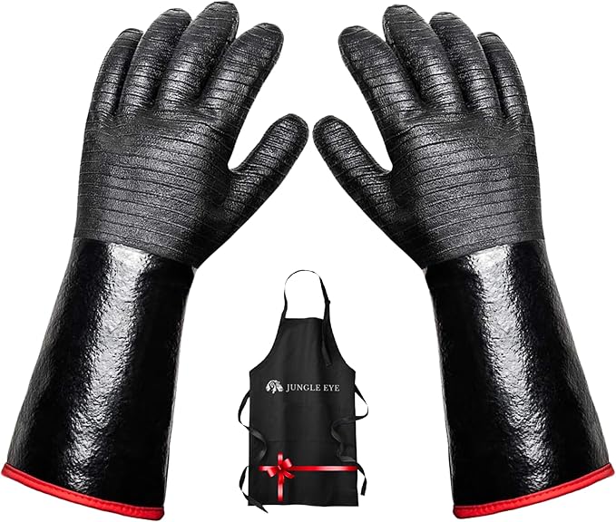 Jungle Eye 932°F Heat Resistant BBQ Grill Gloves: Neoprene Non-Slip Waterproof Heat & Oil Resistance for Grilling, Smoker, Cooking, Frying & Oven, 14" Long Sleeve Barbecue Gloves, Apron Included