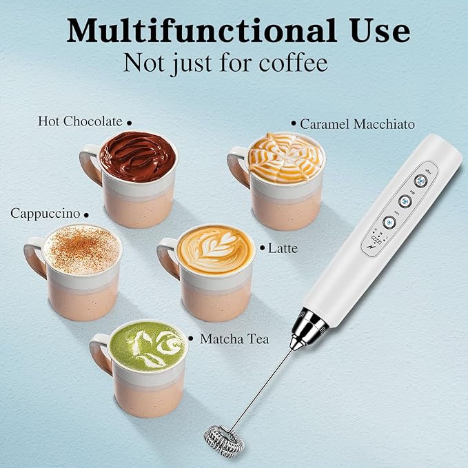 BSRGMS Milk Frother Handheld with Stand, Electric Whisk 3 Speed Adjustable, Drink Mixer with Stainless 3 Whisk, Rechargeable Hand Frother Wand, Foam Maker for Latte Cappuccino Hot Chocolate Egg White