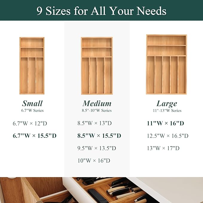 Silverware Organizer, Bamboo Kitchen Drawer Organizer, Utensil Holder, Cutlery Tray & Spoon Flatware Storage with Grooved Drawer Dividers (11''W x 16''D)