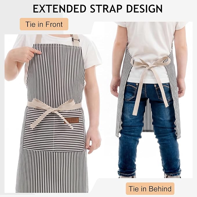 2 Pack Stripes Kids Apron, Kids Cooking Aprons with 2 Pockets, Cute Aprons for Cooking for Boys and Girls