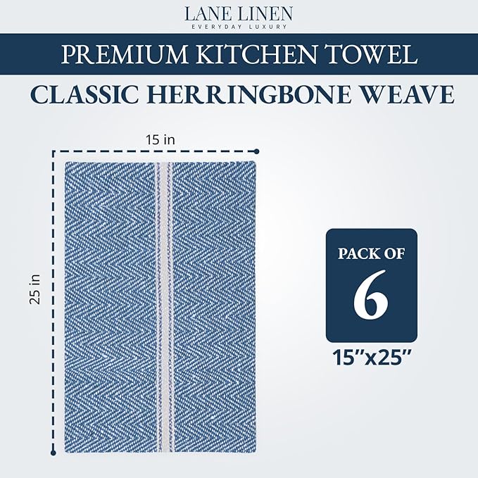 LANE LINEN Kitchen Towels Set - 100% Pure Cotton Dish Towels for Kitchen, Super Absorbent Kitchen Hand Towel, Tea Towels, Soft & Durable Dish Cloths, Pack of 6 – 14”x25”, Indigo