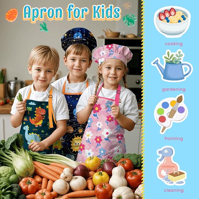 SANDJEST Kids Apron with Chefs Hat Set, Kitchen Apron Gifts