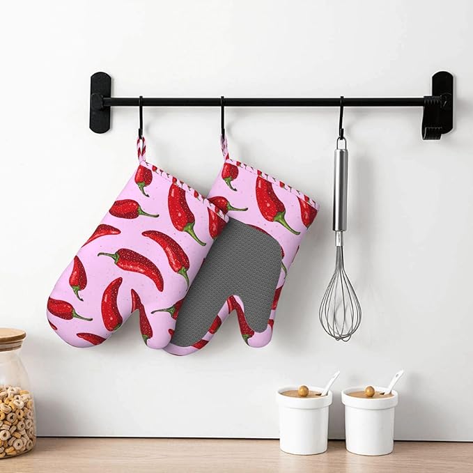 Peppers Silicone Oven Mitts Set of 2, Heat Resistant up to 500°F, Kitchen Oven Gloves with Non-Slip Grip and Soft Cotton Lining for Baking, Cooking and BBQ