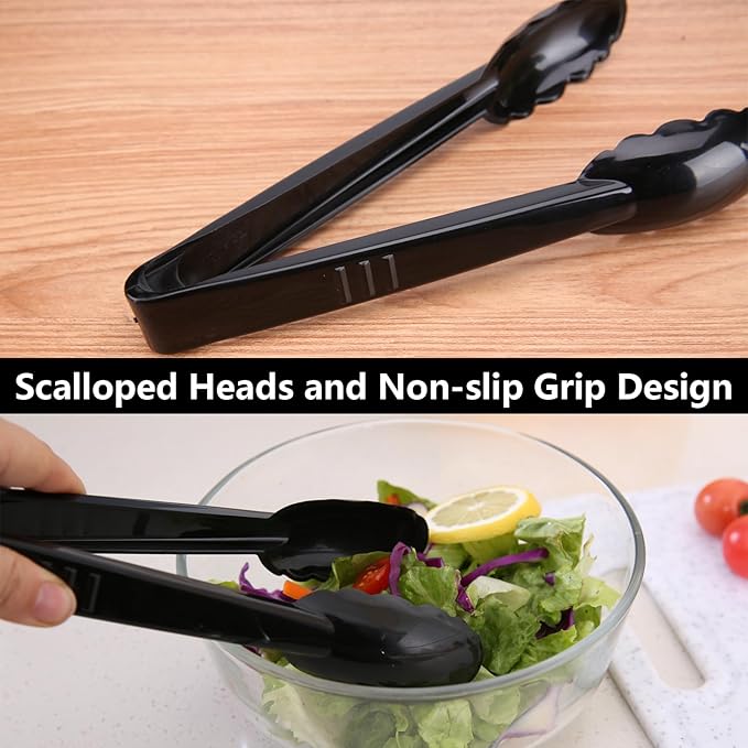24 Pieces Disposable Serving Tongs, 9" Heavy-Duty Plastic Utensils, BPA-Free, Scalloped Grip Salad Tongs, Perfect for Buffets, BBQ, Parties & Catering, Black