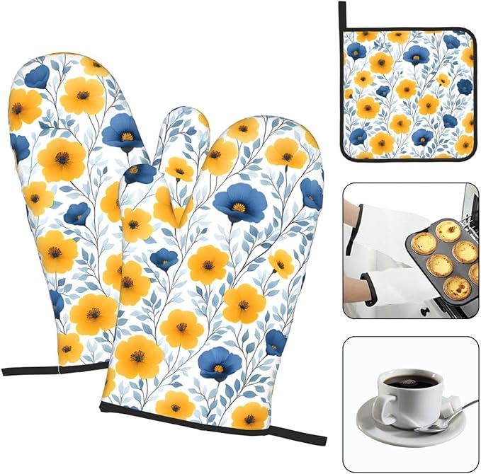 Yellow Blue Floral Oven Mitts & Pot Holders Sets of 3, Boho Blue and Yellow Flowers Heat Resistant Kitchen Hot Pads and Mitts for Cooking Baking Grilling, Gift for Floral - Loving Women, Home Decor