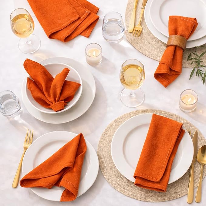 Marubhumi Cotton Cloth Dinner Napkins Set of 12, 18x18 Natural Premium Quality Mitered Corners Cotton Blend Wedding and Cocktail Napkins, Machine Washable (Orange)