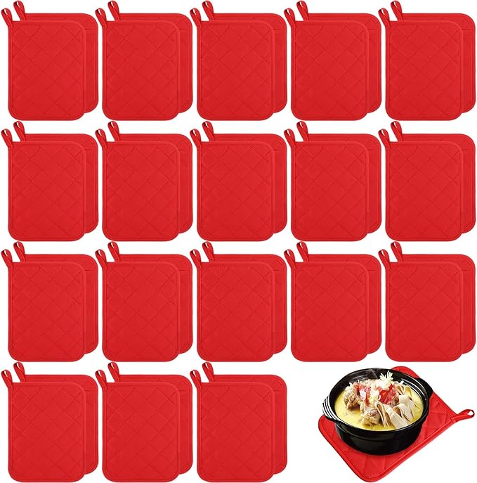 Hoolerry 20 Pieces Pot Holders with Pocket Sublimation 7x9'' Cotton Oven Pot Holders Bulk with Hanging Loops Pads for Kitchen Cook Baking (Red)