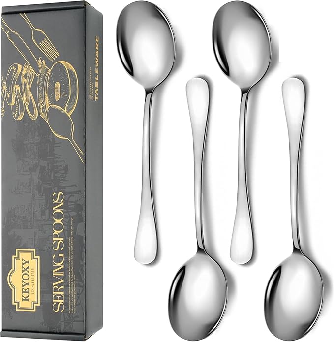 4 Piece Stainless Steel Serving Spoons Set, 10-Inch, Includes 4 Large Spoons, for Parties/Kitchen/Buffet/Catering, Dishwasher Safe,