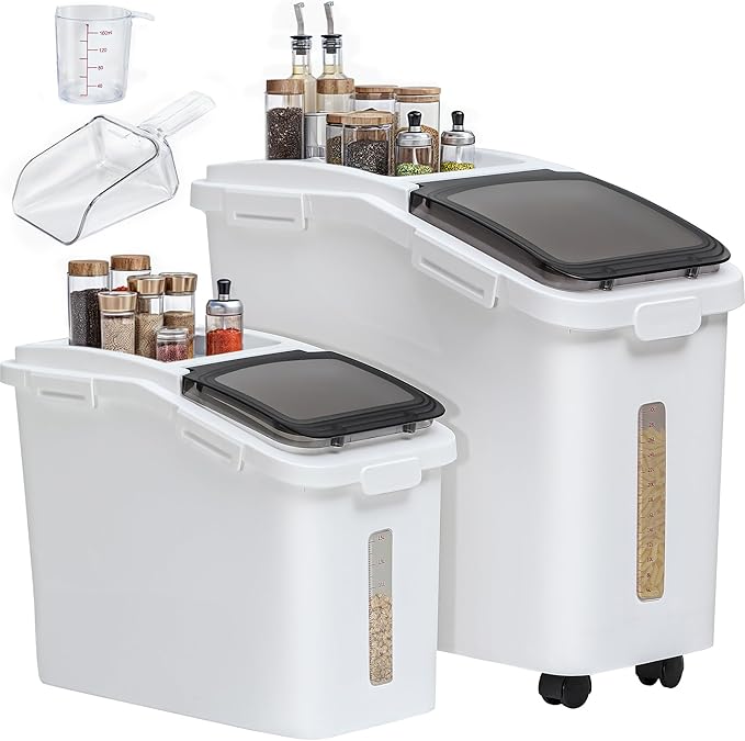 YITAHOME 65L/117lbs Large Ingredient Storage Bins, Commercial 11.4+5.8 Gal Rice Flour Storage Container, Organizer Storage Bin with Measuring Cup, Scoop and Wheels for Kitchen, White & Black Lid