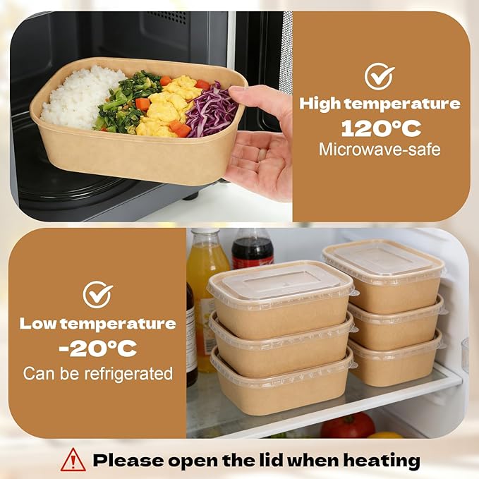 50 Pack 17oz Disposable Kraft Paper Bowls with Lids, Rectangle Meal Prep Containers Bulk, Large Paper Salad Bowl, Leakproof Food Containers Treat Soup Serving Bowls, Microwave Safe for Hot/Cold Food