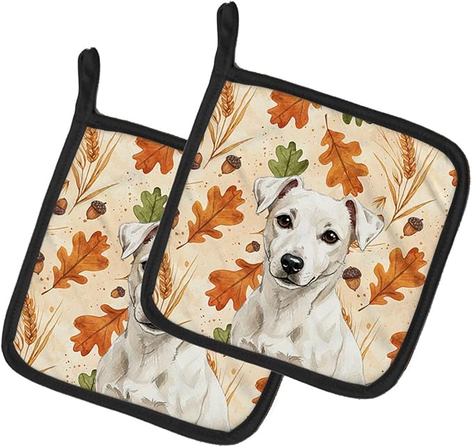 Caroline's Treasures White Jack Russell Terrier Heirloom Fall Pair of Pot Holders Pair 7.5x7.5 Quilted Insulated Hot Pads Decorative Kitchen Gift Made in USA