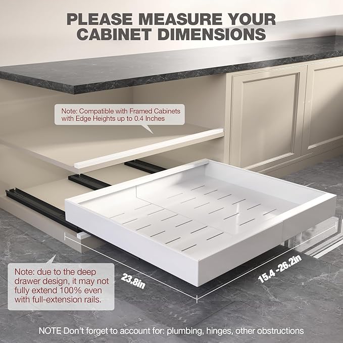 Seinloes 2 Pack Pull Out Cabinet Organizer 24" Deep,Full Extension 3 Slide Rails Slide Out Drawers With Raising Pad for Framed Cabinets,Expandable Width (15.4"-26.2"),No Drill Roll Out shelf,White