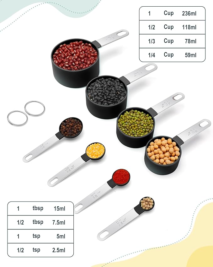 Measuring Cups and Spoons Set of 8 Pieces, nesting measuring cups for Measuring Dry or Liquid Ingredients, Stainless Steel Handle, Kitchen Gadgets for Cooking & Baking （Black）