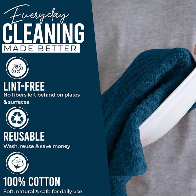 DAN RIVER Premium Kitchen Towels - [Pack of 12] 100% Cotton (16x 26 Inches) -Super Soft,Highly Absorbent, Quick Dry, Dish Towels for Kitchen Towels -Blue Opal