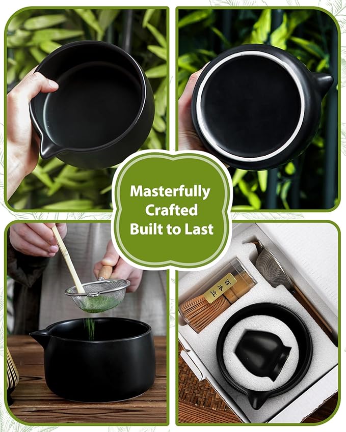 20OZ Matcha Whisk Set - 5PCS Matcha Set Includes Macha Bowl with Spout, Bamboo Whisk with Ceramic Holder, Bamboo Scoop and Sifter, Matcha Kit for Ceremony, Gift for Matcha Lovers (Matte Black)